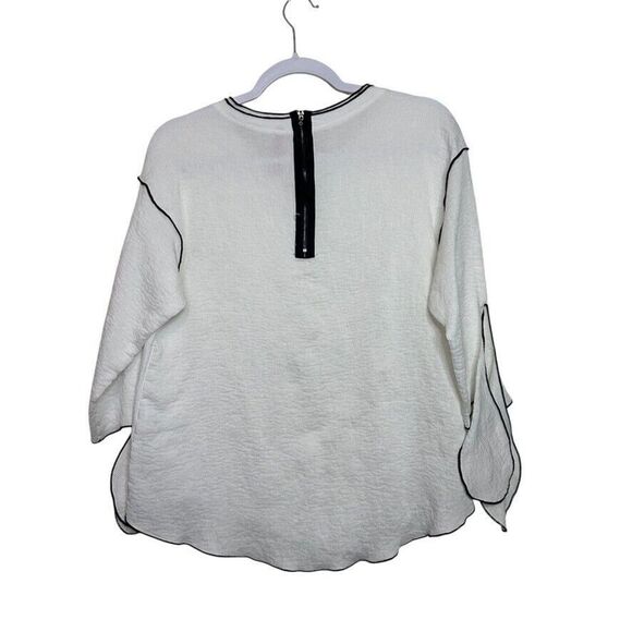 IC By Connie K Textured Tie Sleeve Zip Blouse Top Womens L White Black Lagenlook - Picture 2 of 6